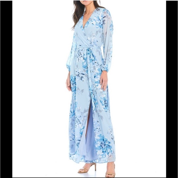 Marina Floral Wrap Maxi Dress Chiffon Long Sleeve Slit V Neck Blue Size 6 - Picture 1 of 11